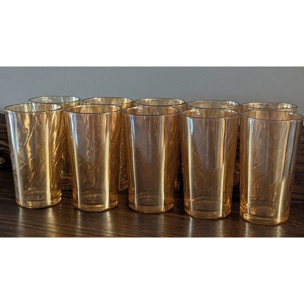 6 Jeannette Swirl Marigold Carnival Glass Tumblers Iridescent Vintage MCM 1960s